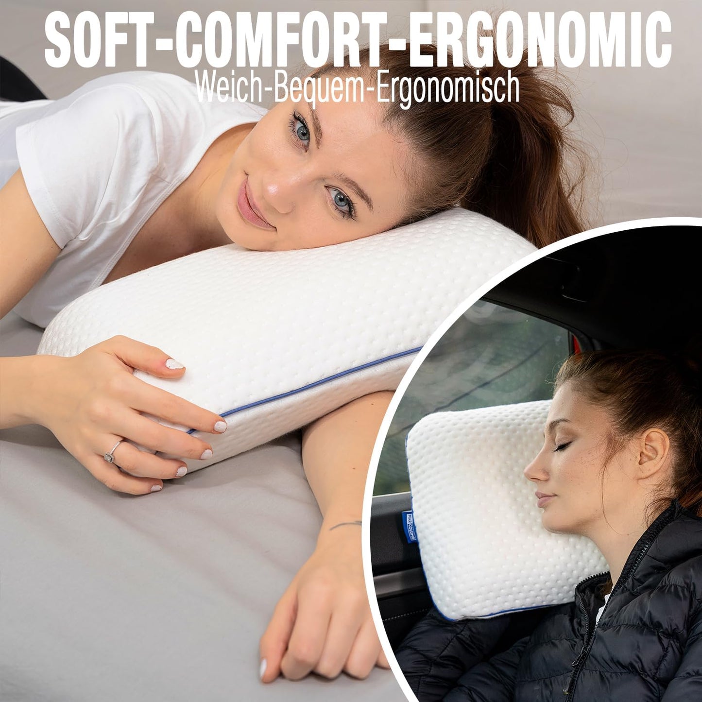 Ergonomisches Memory-Schaum-Reisekissen mit Bezug, Weiss 40x25x10 cm