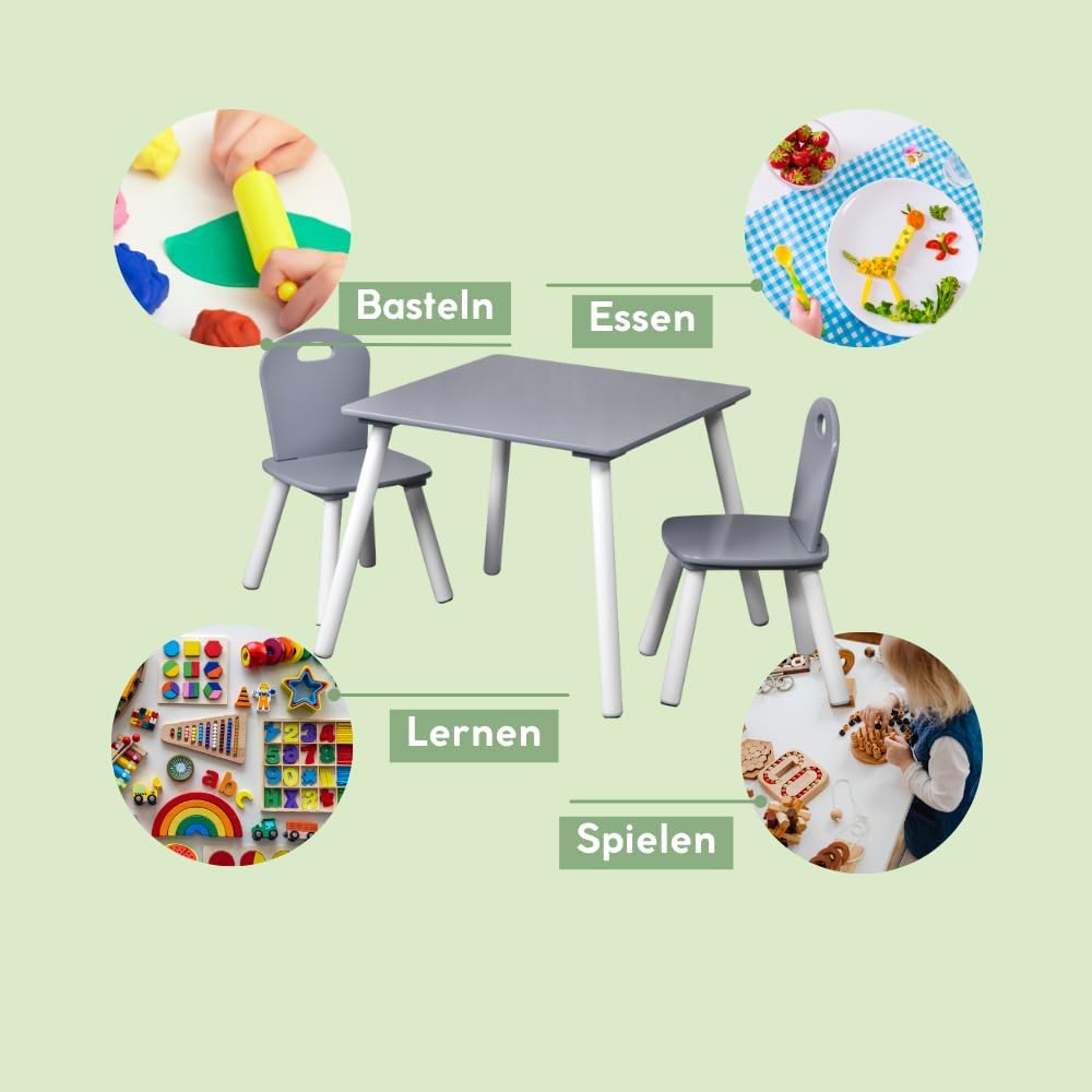 Kindertisch mit 2 Stühlen, Weiss, Grau
