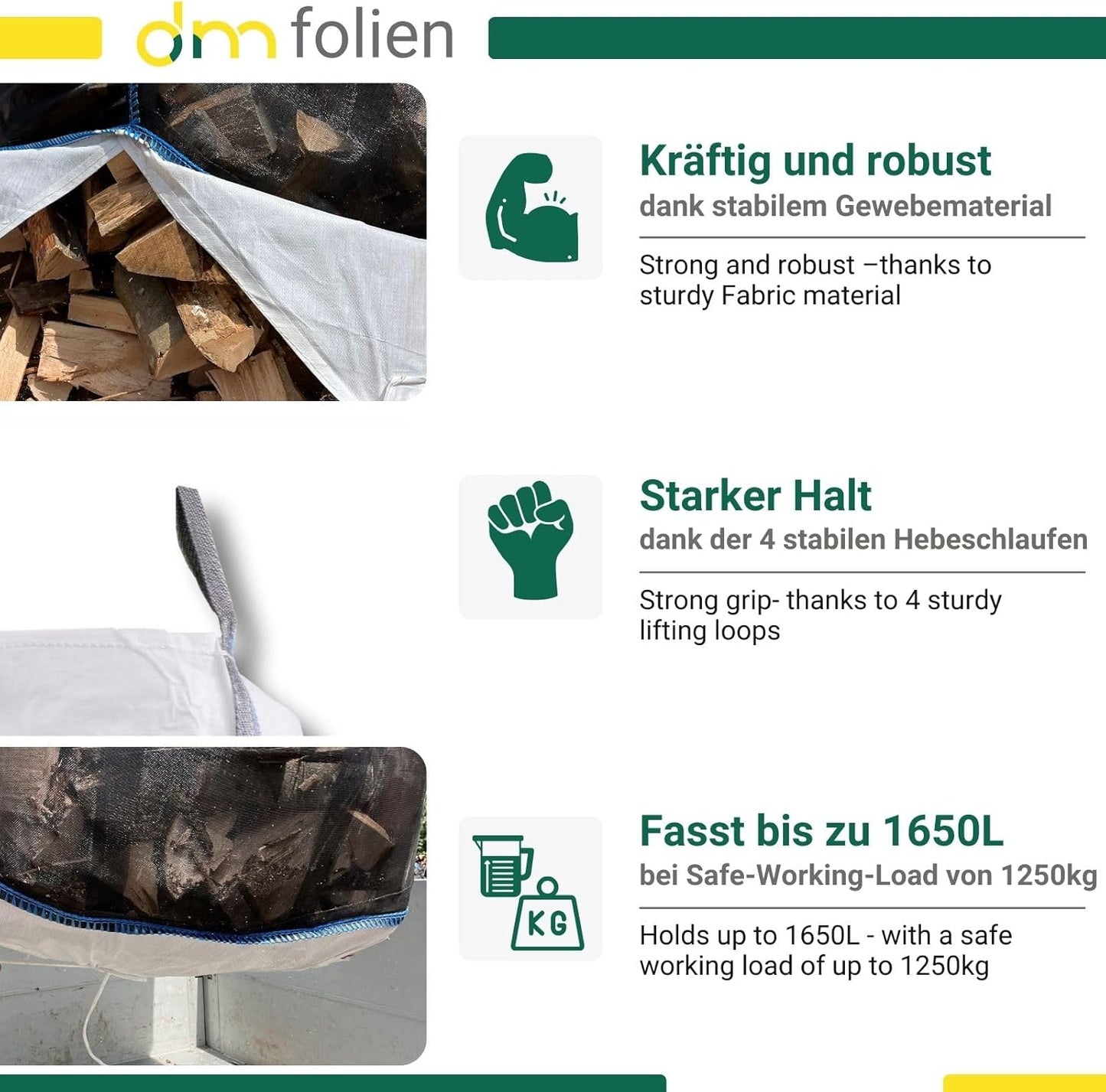 Big Bag für Brennholz, 95x95x175cm, 4-seitig Ventilationsstreifen 1