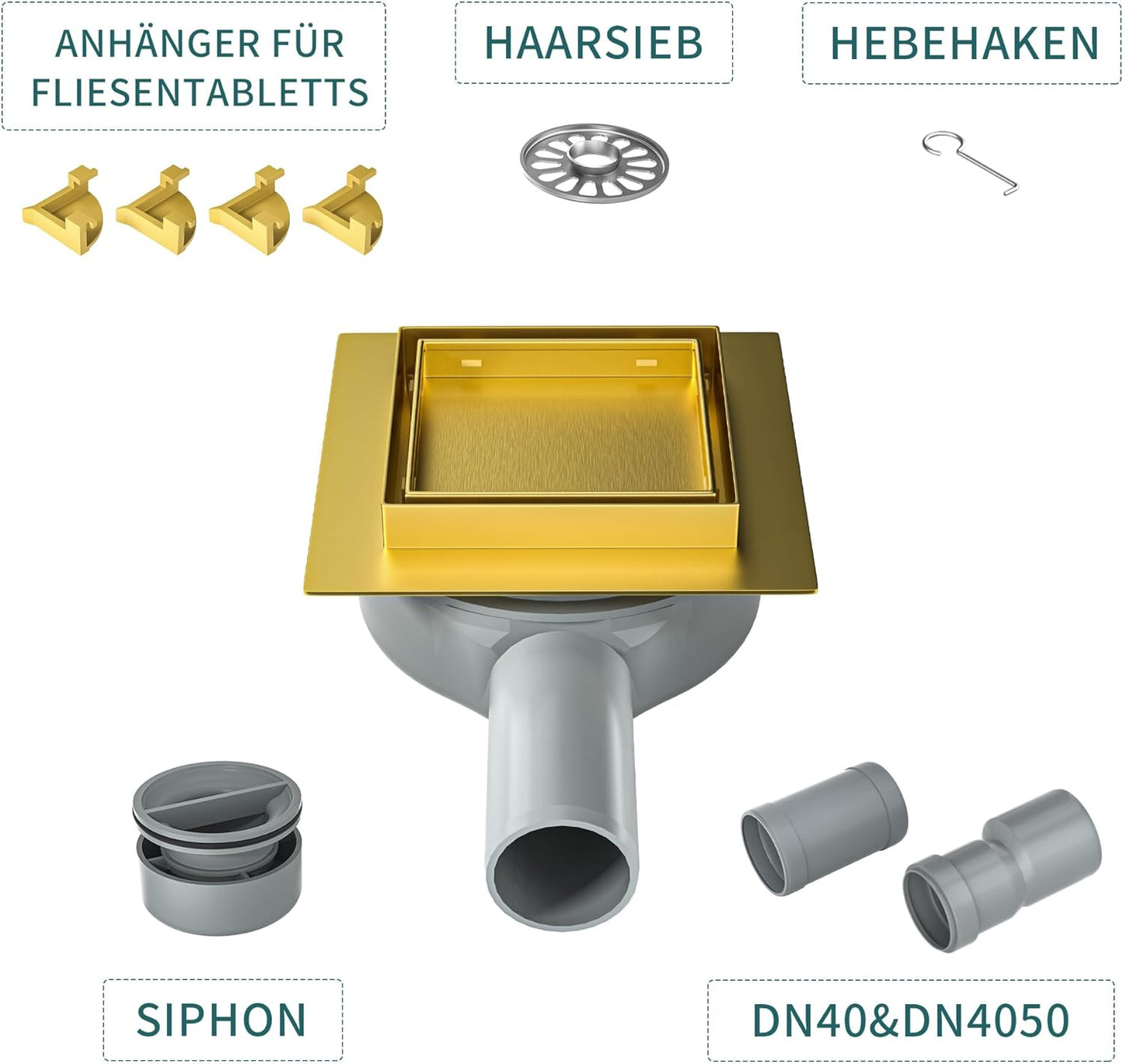 Duschrinne mit Geruchsstop und Haarsieb, Gold 10cm
