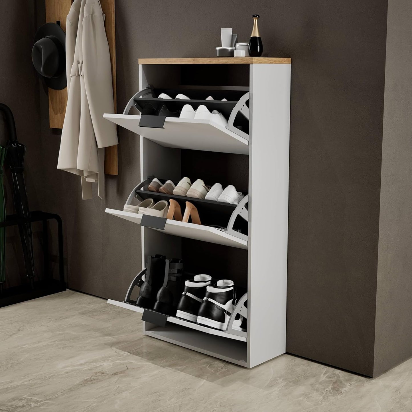 Schuhschrank mit 3 Klappen und 6 Ablagen, platzsparend, 3 Klappen Weiss-grau