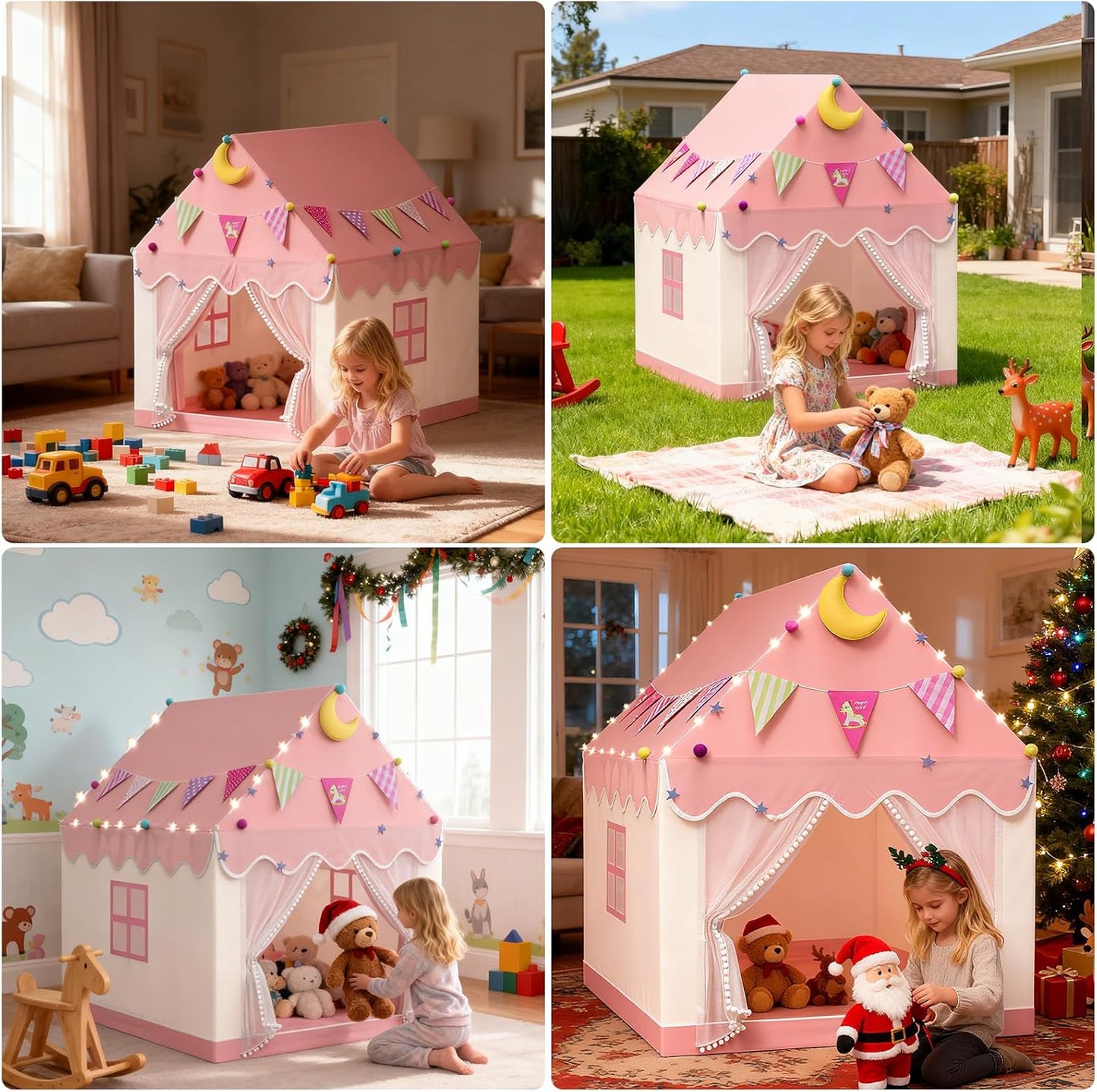 Spielzelt Kinder Indoor mit LED-Lichtern, Rosa