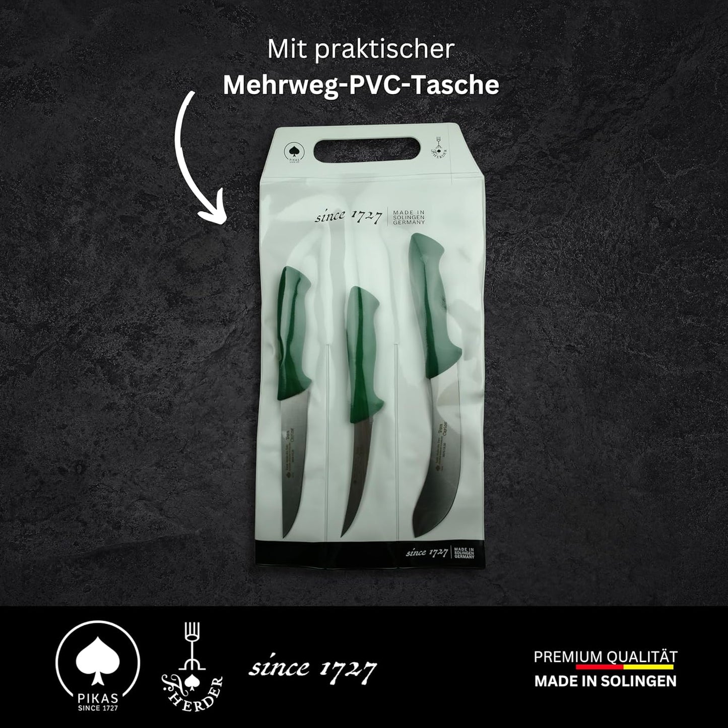 3-teiliges Metzgermesser Set, Rind & Rotwild - Grün PVC-Tasche