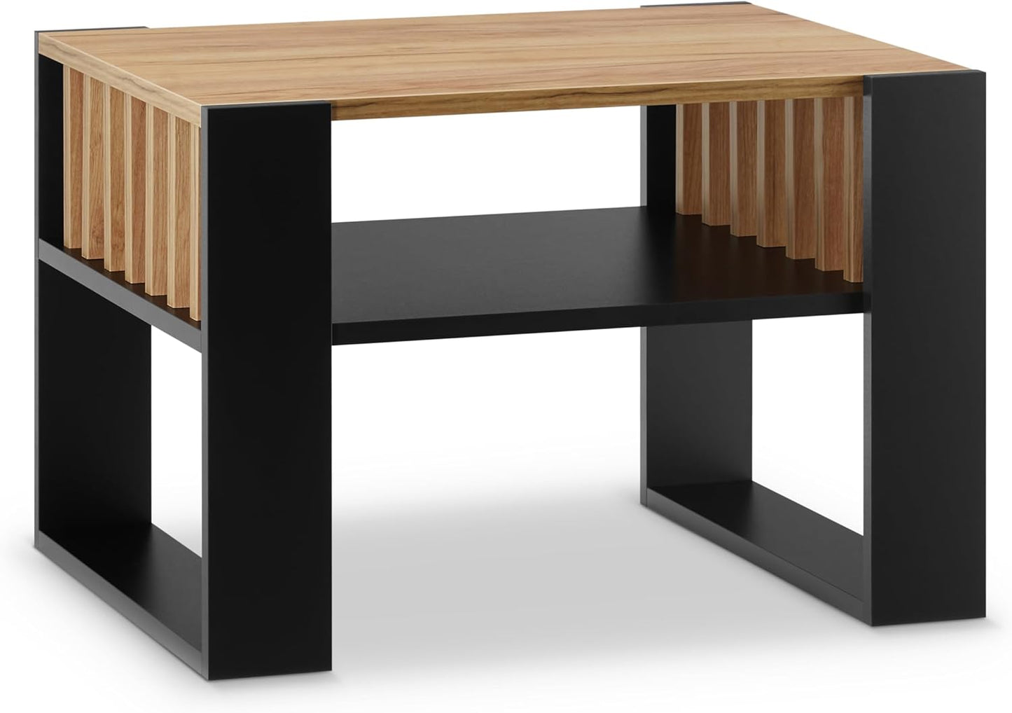 Kleiner Couchtisch mit Stauraum und Lamellen-Design, Schwarz + Eiche