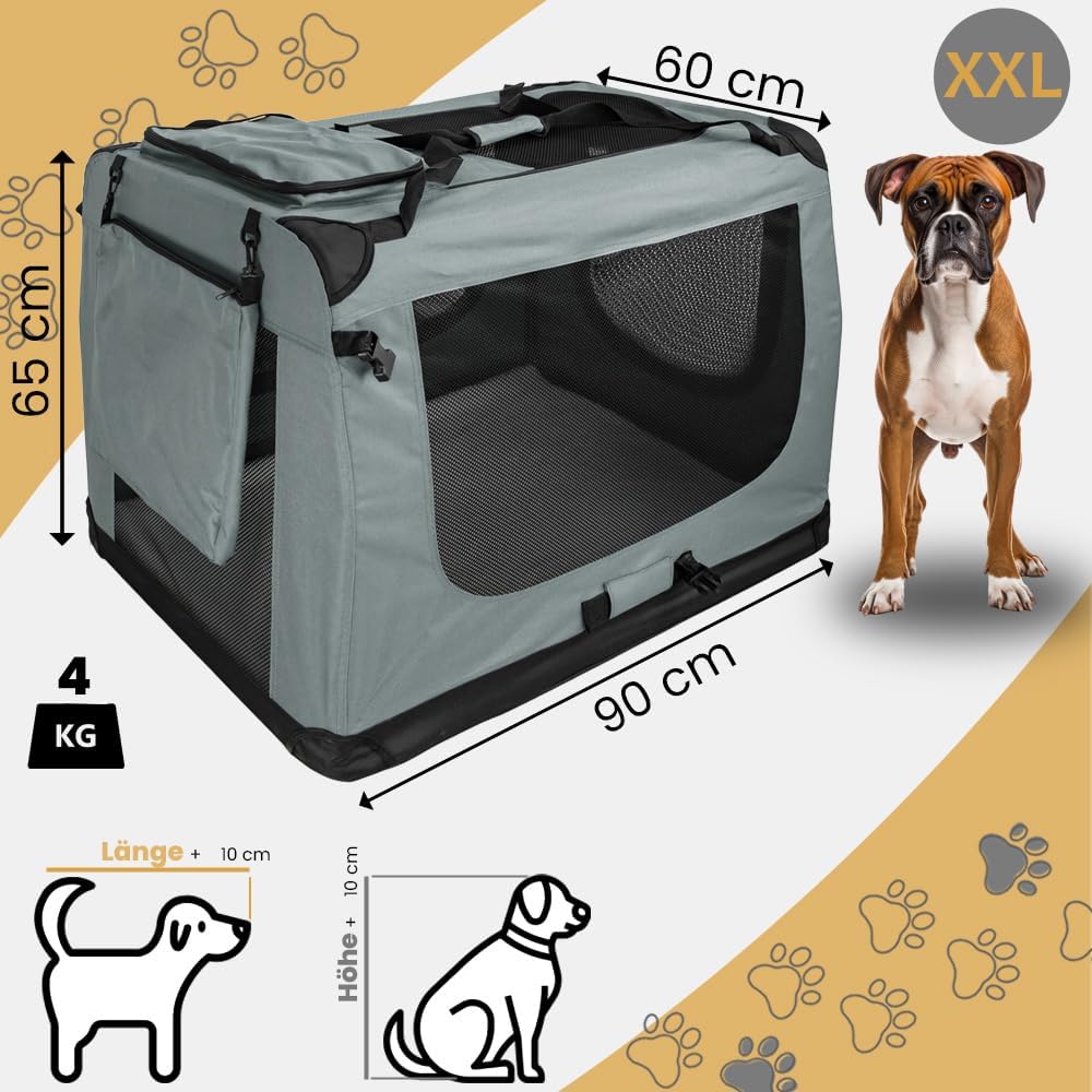 Faltbare Hundebox mit Aufbewahrungstaschen, Tragegurt und Liegedecke, L 90 x B 60 x H 65 cm