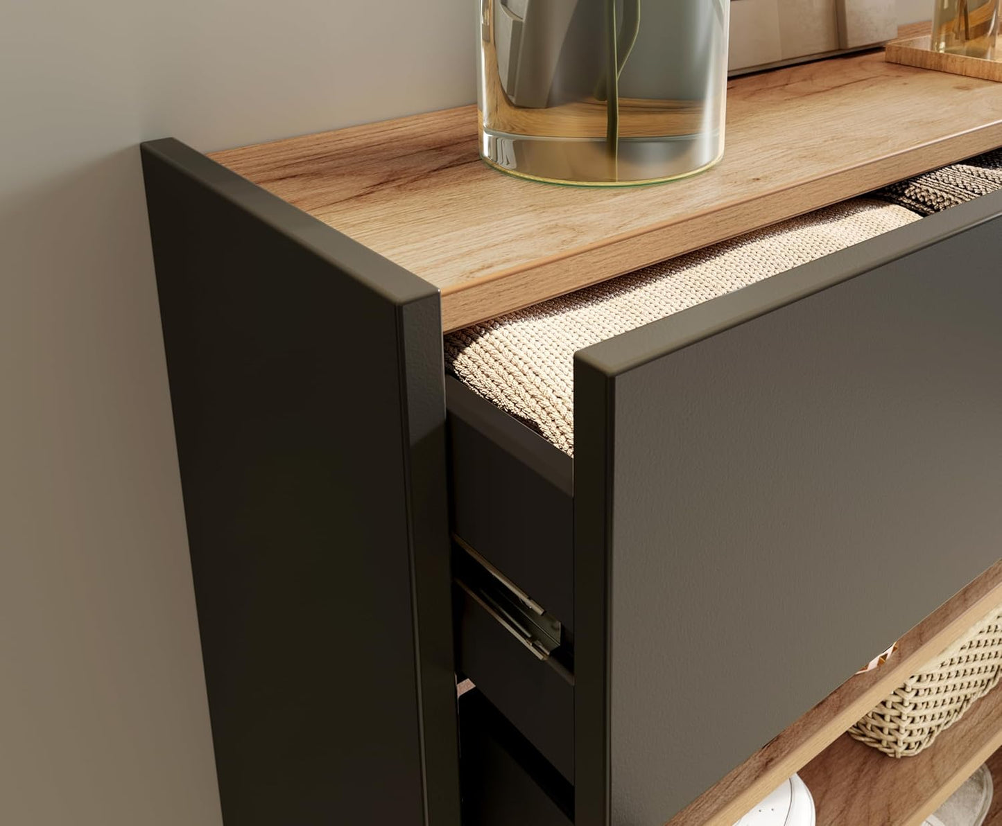 Hängender Schuhschrank, Schuhschrank Schmal Graphit/Eiche