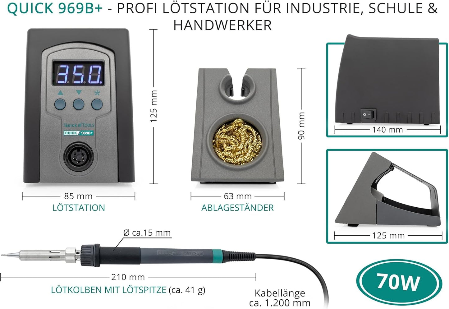 Digitale Handlötstation 969B+, QUICK 969B+ digital 70W Mit Zubehör-set