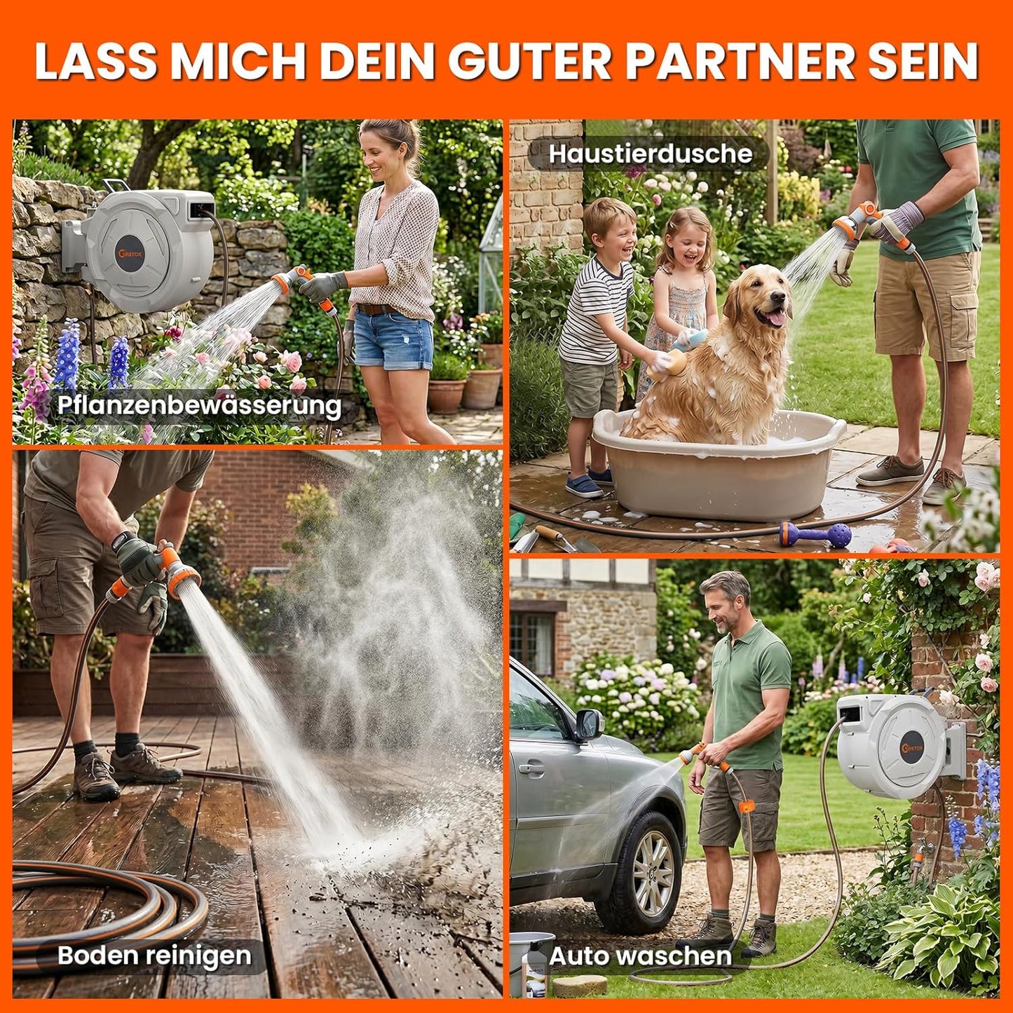 Schwenkbare Schlauchtrommel mit Gartenbrause, 30M