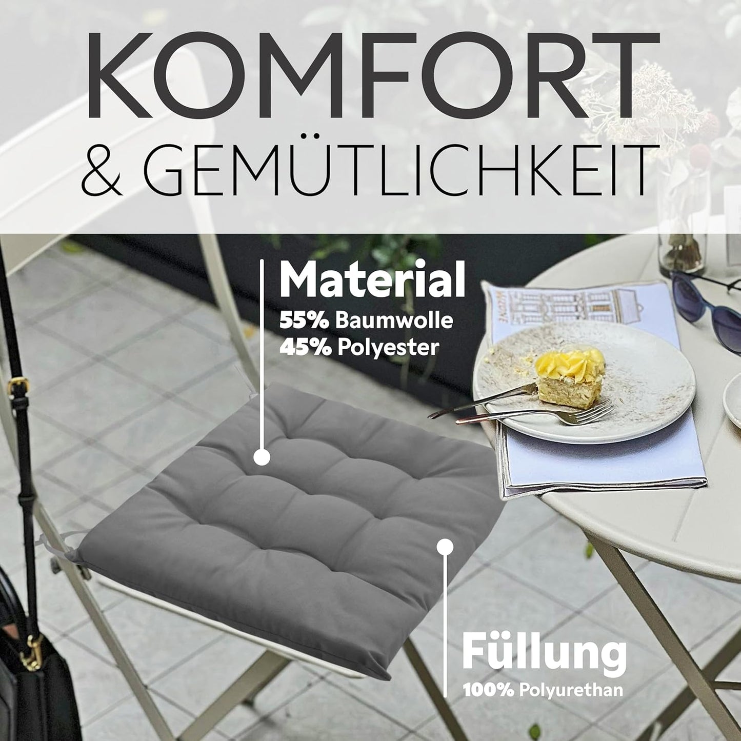 4er-Set Sitzkissen mit Haltebändern, 4 Stück (1er Pack) Dunkelgrau