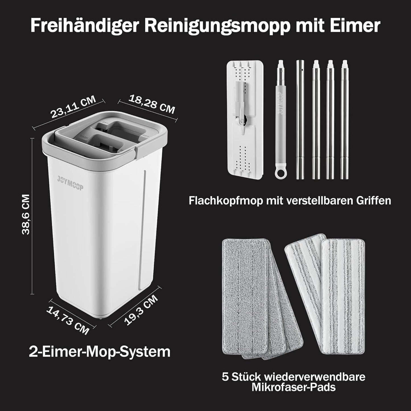 Mopp und Eimer Bodenreinigungssystem mit 5 Pads, Mittlere Eimer #13 + Griff + 5 Pads