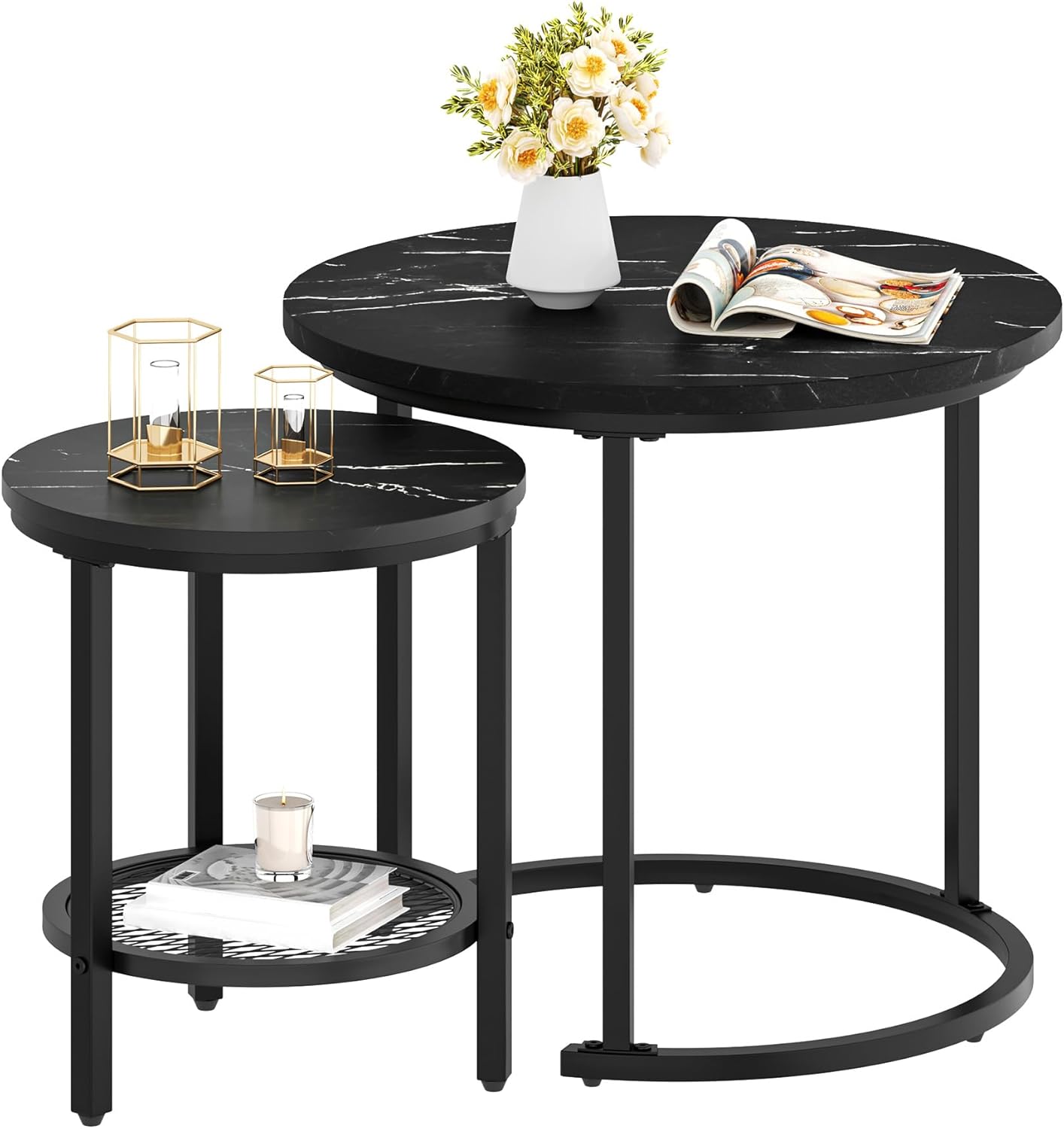Rundes Couchtisch Set, Schwarz Mit Eisengitter