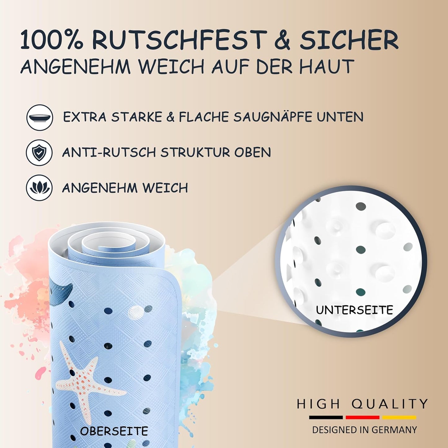 Rutschfeste Badewannenmatte für Kinder, 100 x 40 cm (Rechteckig) Wal Unterwasserwelt Blau
