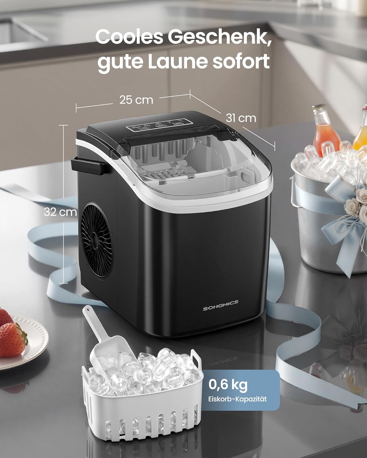 XZB001B1EU Eiswürfelmaschine mit Selbstreinigung, 9 Würfel in 6 Min., Tintenschwarz
