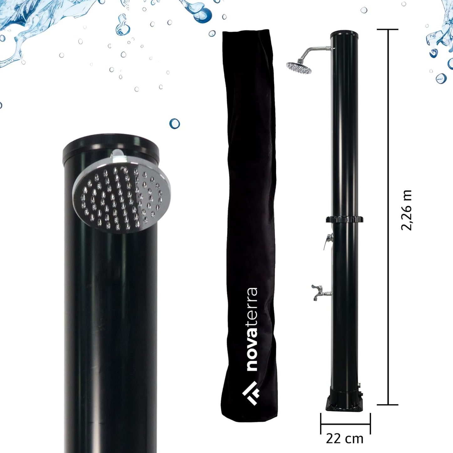 Solardusche mit Regenduschkopf & Fussdusche, 40L, schwarz