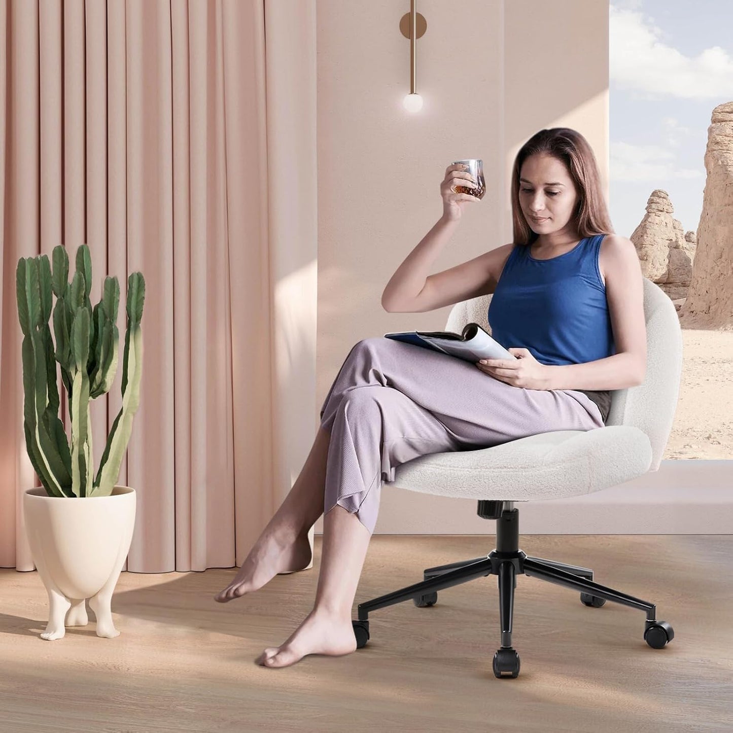 Ergonomischer Bürostuhl ohne Armlehnen, höhenverstellbar, Weiss Mit Rädern