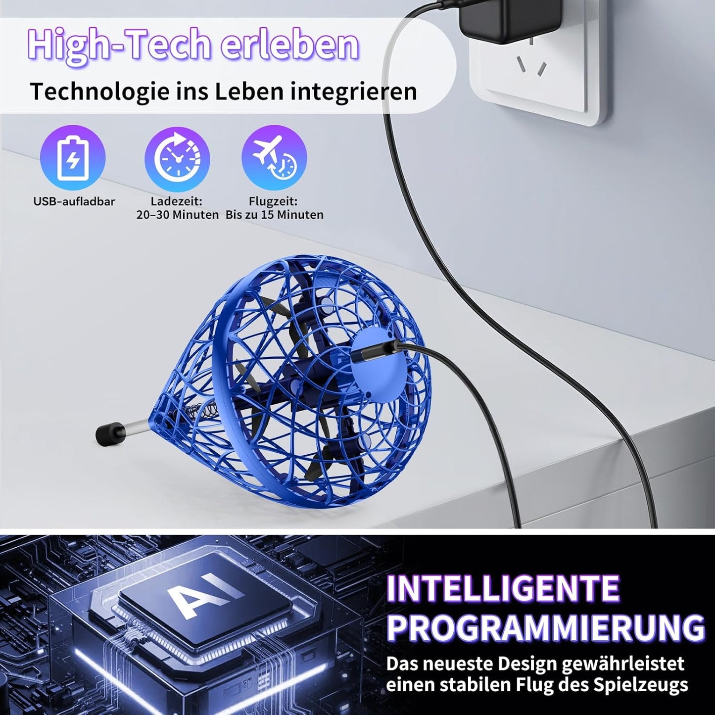 Fliegender Ball Lite Spielzeug Drohne mit KI-Steuerung, Blau Lite