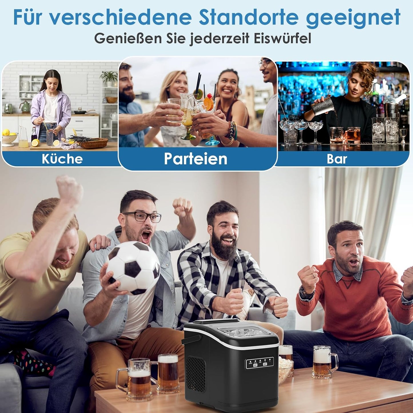 Eiswürfelmaschine mit Selbstreinigungsfunktion, Schwarz