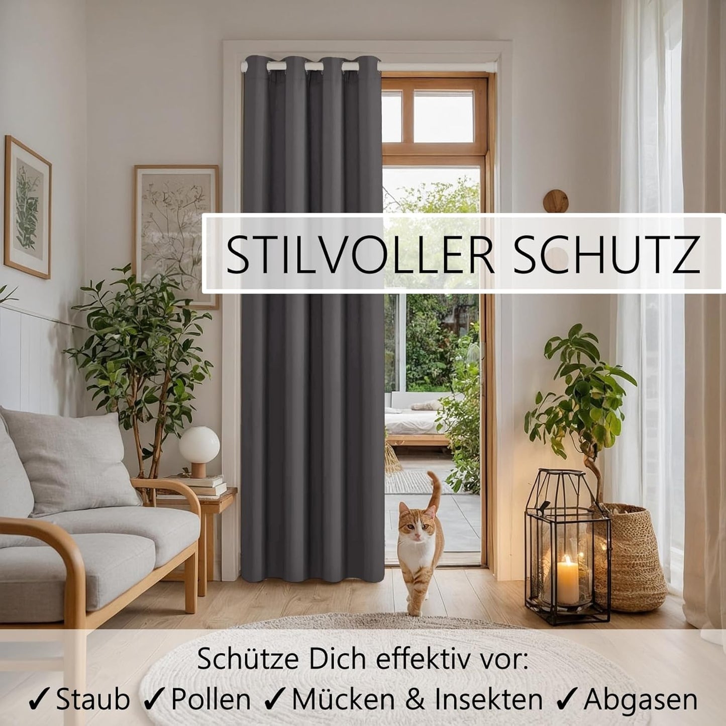 Thermo Türvorhang mit Teleskopstange, bohrfreie Montage, H200 x B150 cm (1er Pack) Vorhang Grau + Stange Weiss 70-120 Cm