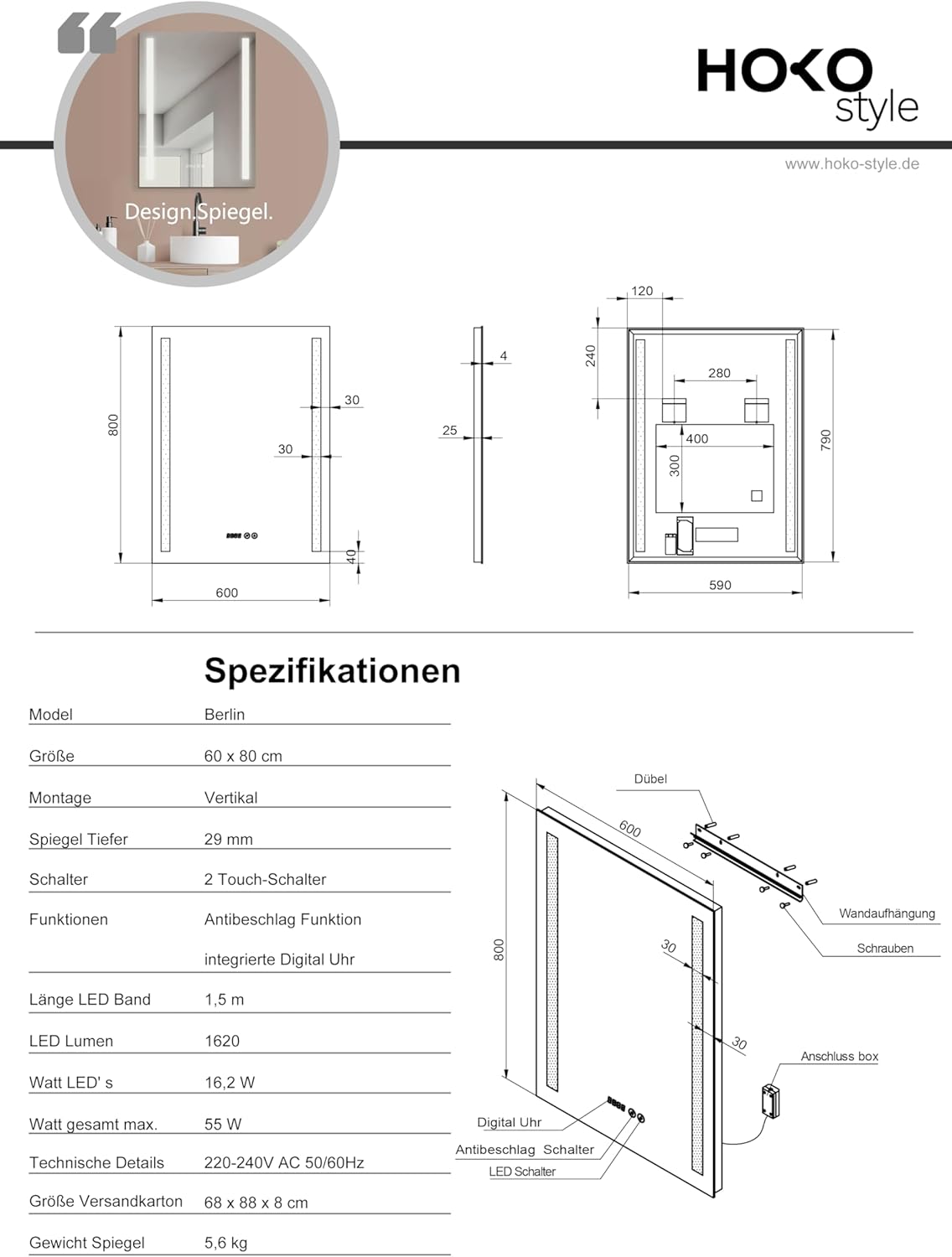 LED Badezimmerspiegel mit Antibeschlagschutz und Uhr, 80L x 60B cm Silber + Antibeschlag + Uhr