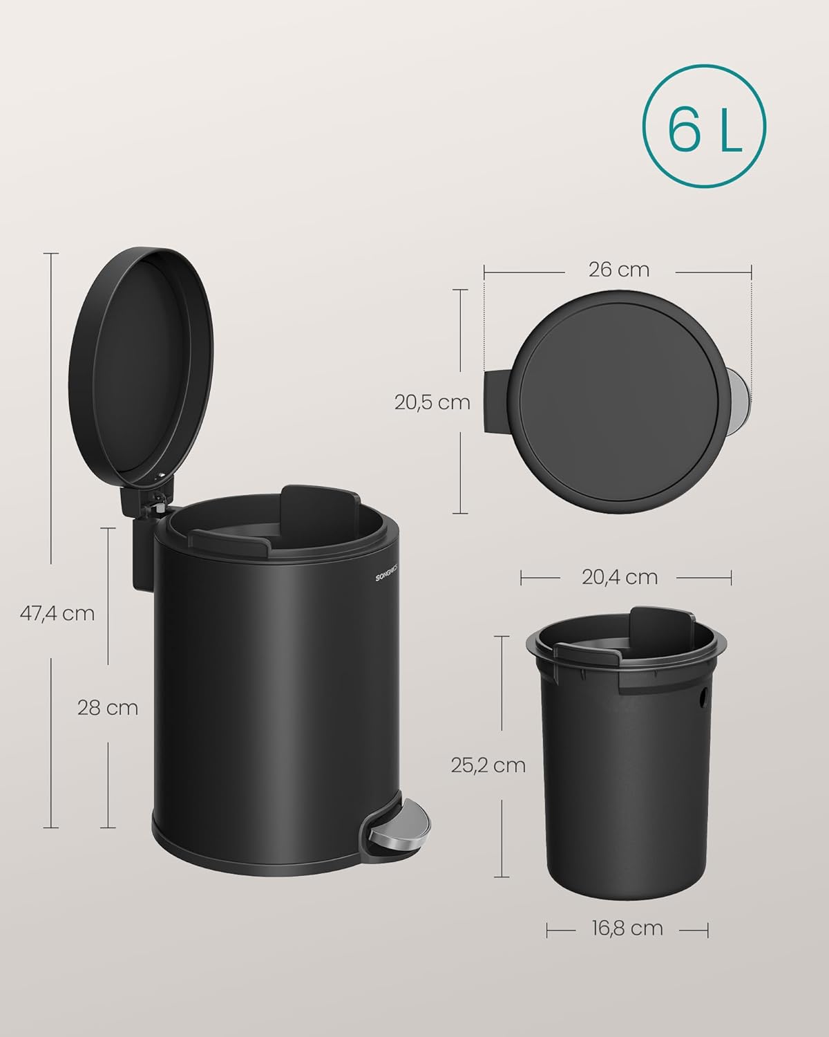 Kosmetikeimer mit Softclose-Deckel LTB016BZ02, tintenschwarz 6 L