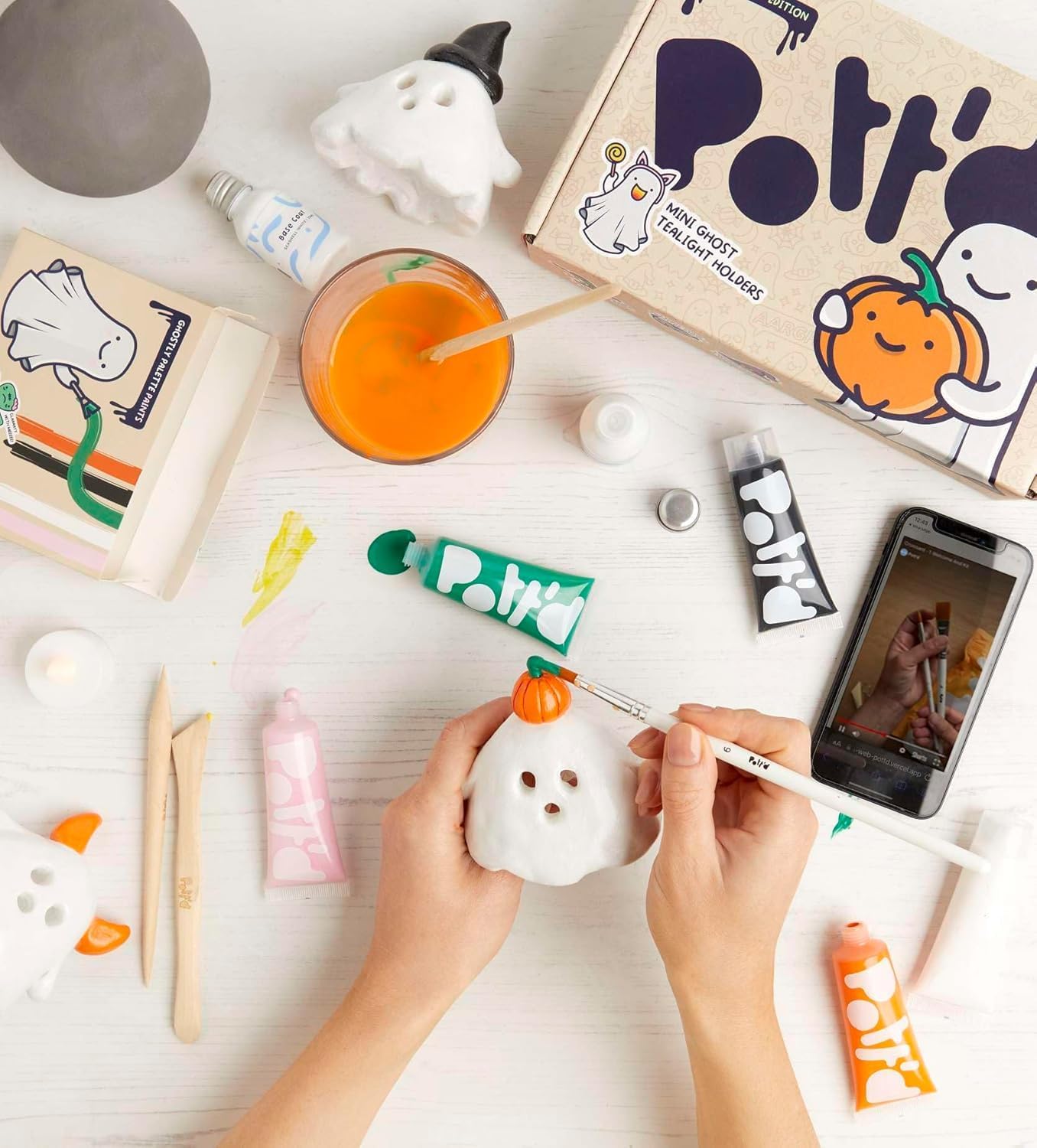 Mini-Töpfer-Set Halloween mit lufttrocknendem Ton, Halloween Mini-Gespenster Teelichthalter