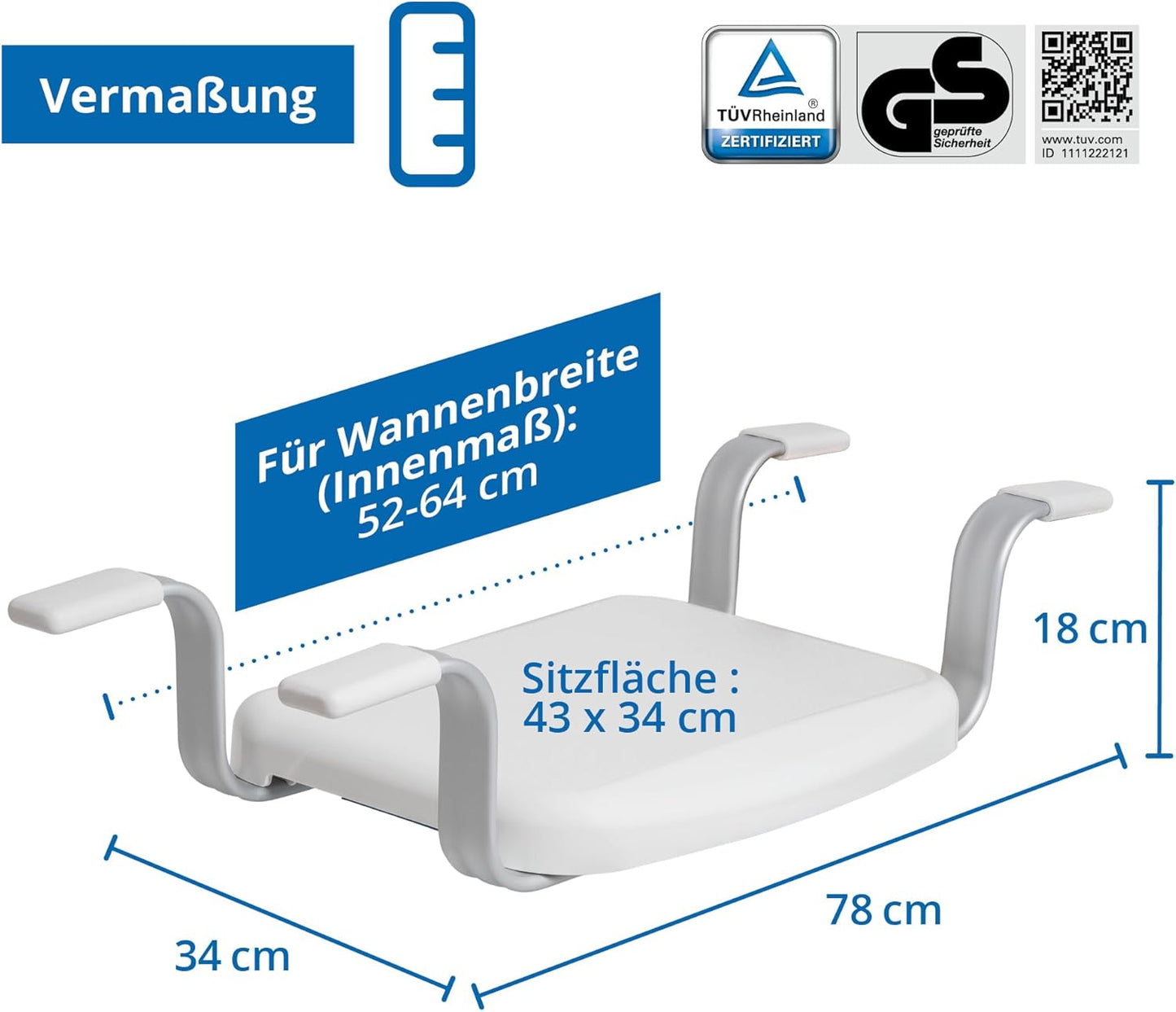 Badewannensitz für Senioren (Belastbar bis 150 kg), Standart, Ohne Rückenlehne