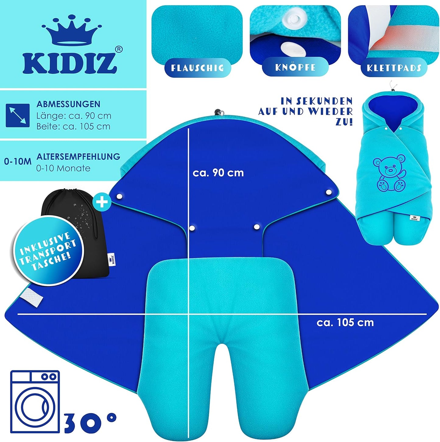Einschlagdecke für Babyschale & Kinderwagen, Aqua / Marineblau