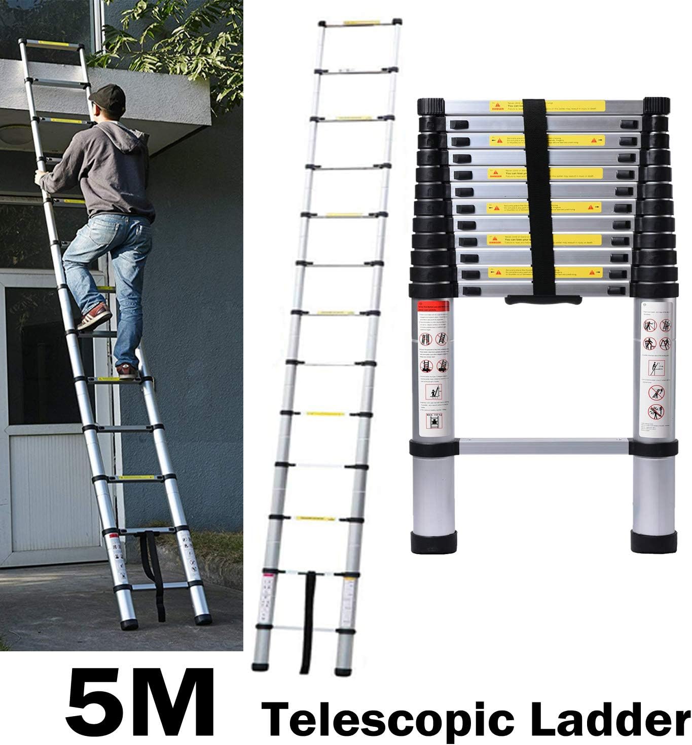 Teleskopleiter 5m, Mehrzweckleiter bis 150 kg (EN131), W-s-5m