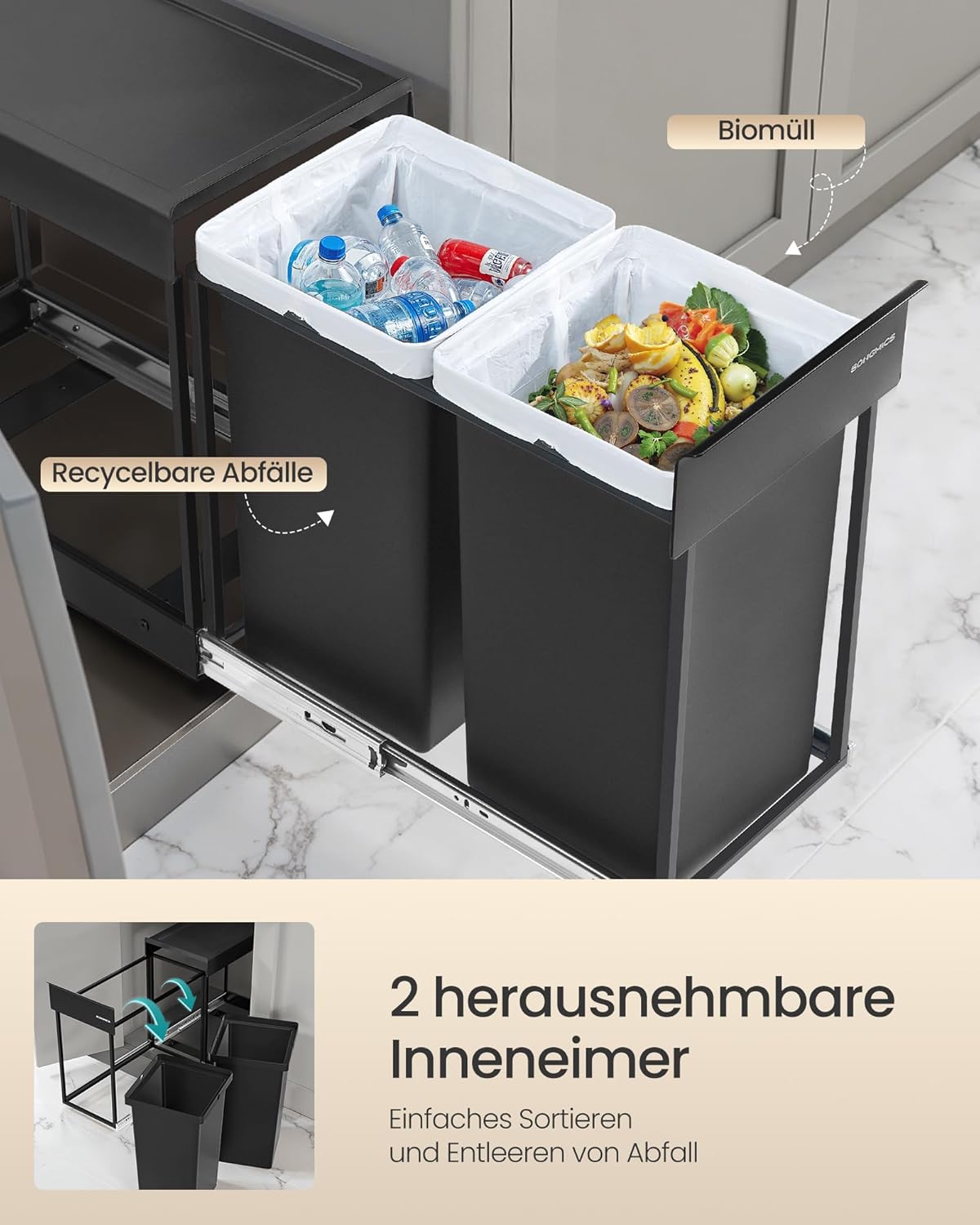 Mülltrennsystem für Unterschrank, tintenschwarz 2 x 15 L