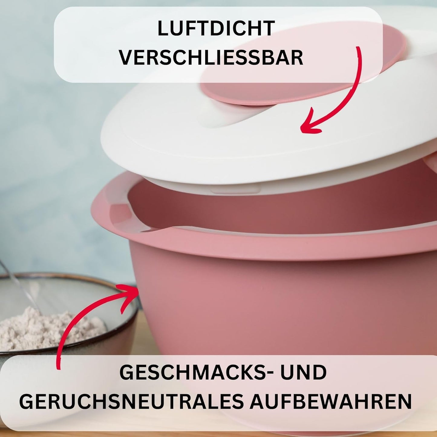 Rührschüssel mit Deckel, Rosa/Weiss, mit Deckel