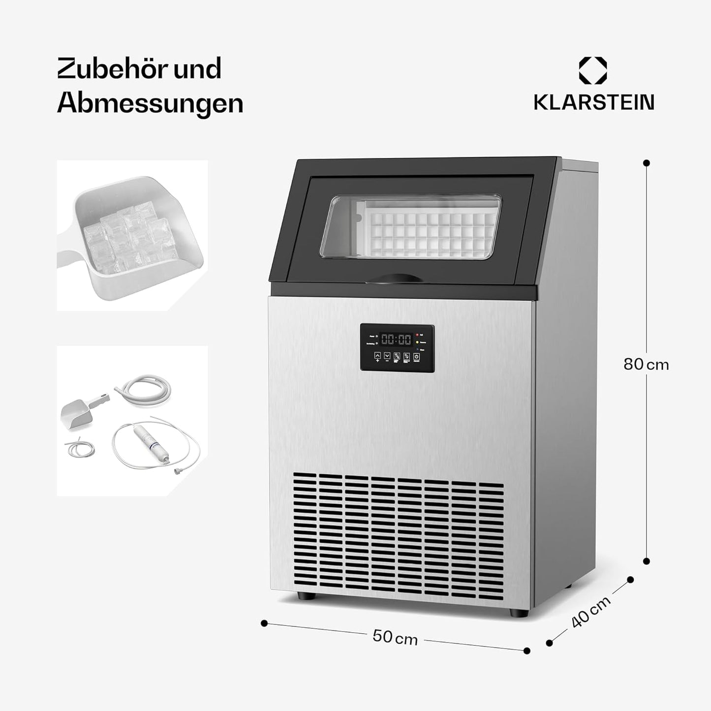 Eiswürfelmaschine mit Timer & Selbstreinigung (55 kg/24 h), 55 Kg / 24 H Schwarz & Edelstahl