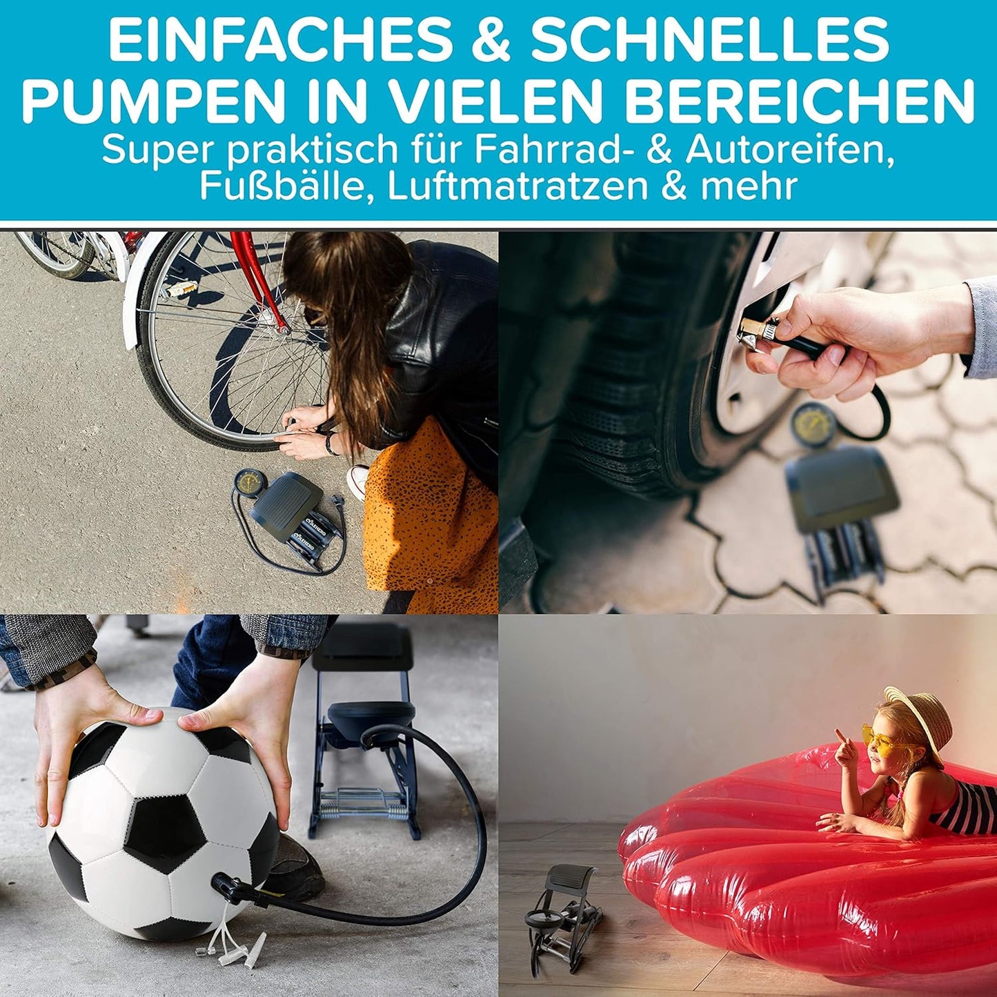 Fusspumpe mit Doppelzylinder und Manometer, Fusspumpe Schwarz