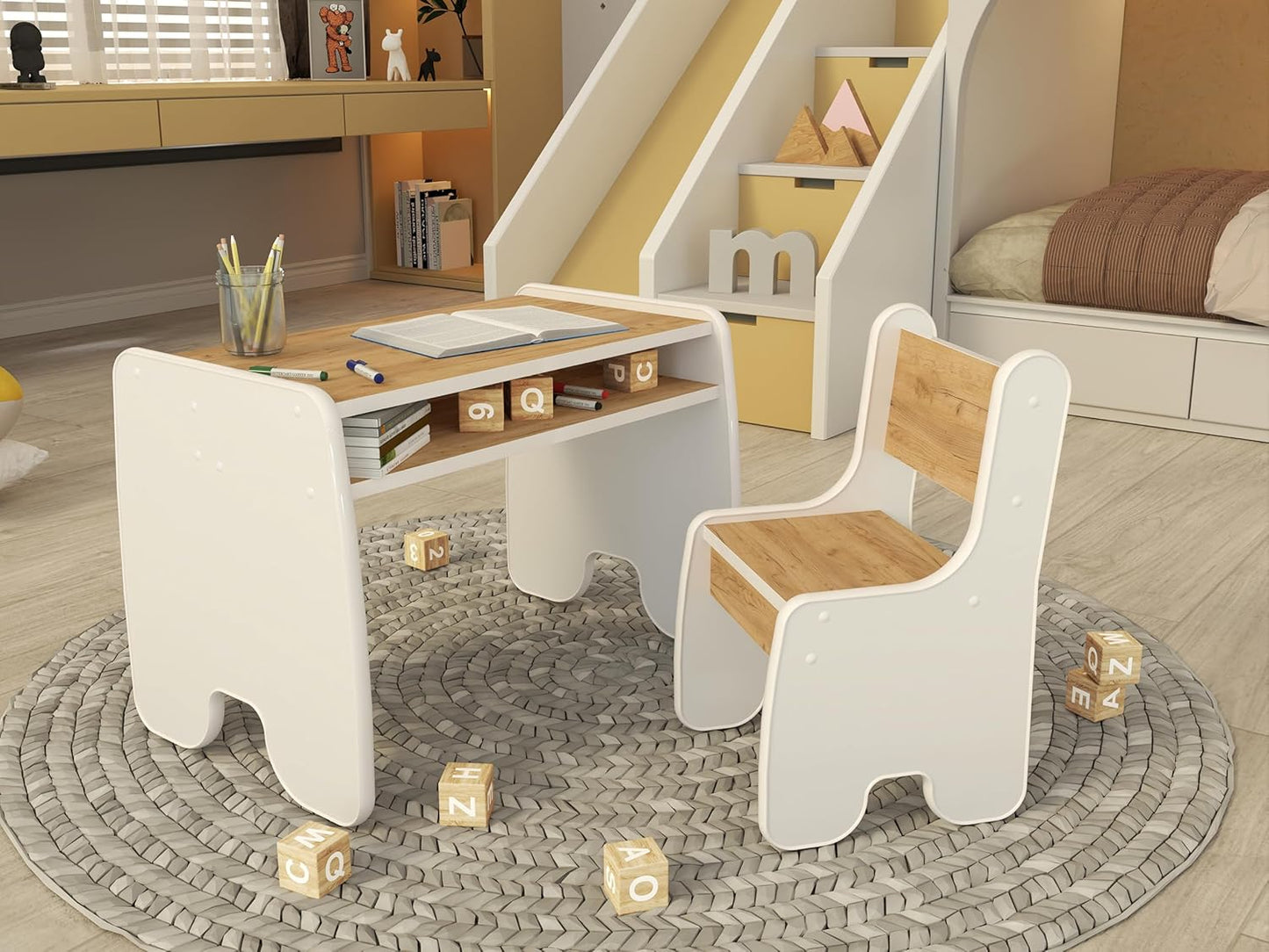 Kindertisch & Stühle-Set für Kinderzimmer, 2 Stühle und Tisch Weiss + Eiche