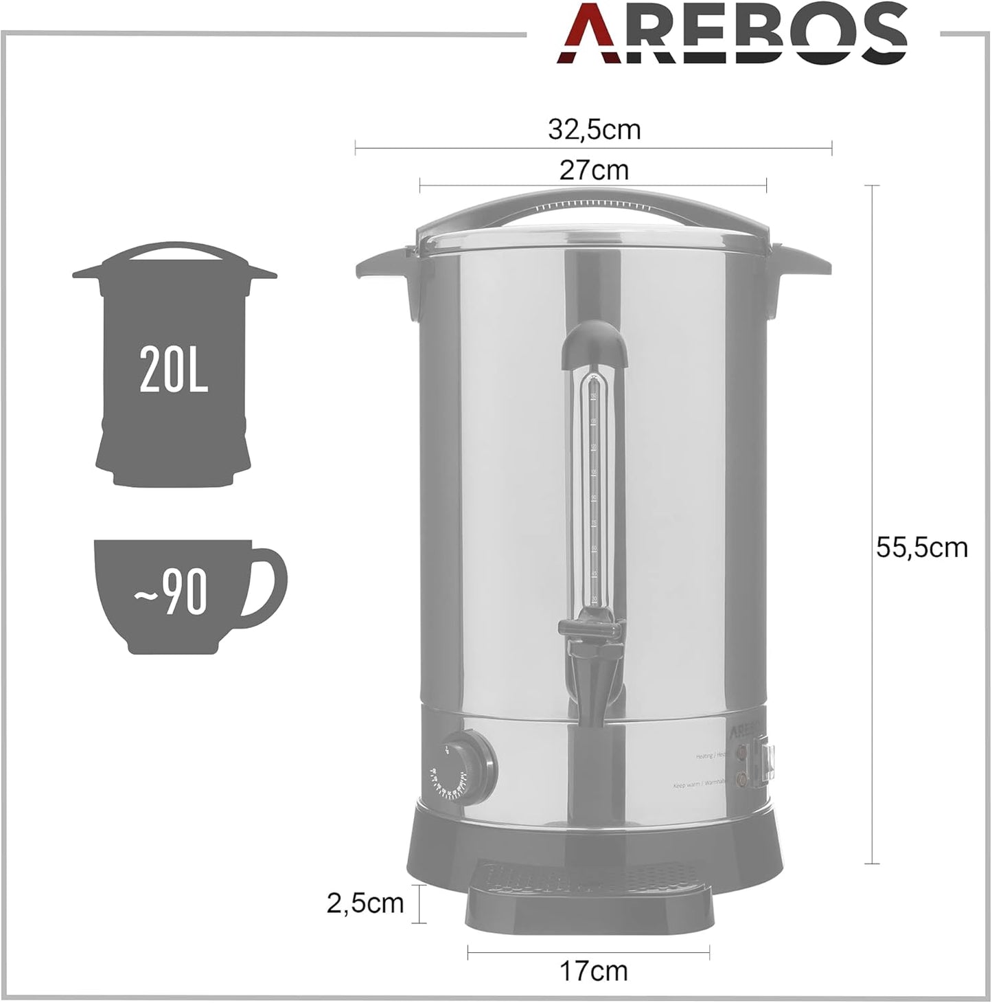 3in1 Glühweinkocher mit Thermostat, Auffangschale & Auslasshahn, Silber