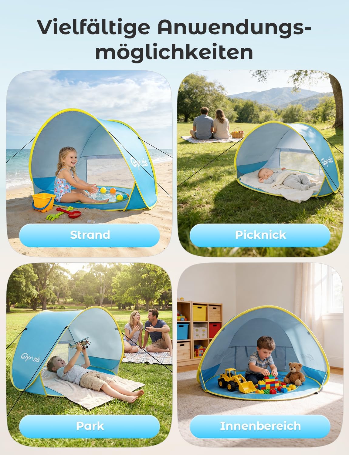 Pop-up Babystrandzelt mit UV-Schutz und Mini Pool, Babyzelt(Blau)