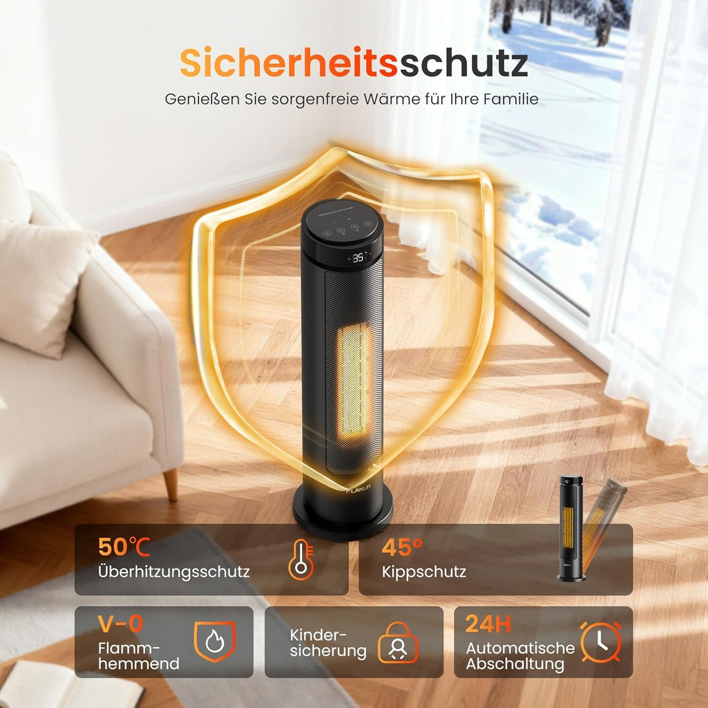 Turmheizlüfter mit Fernbedienung, 60cm Schwarz