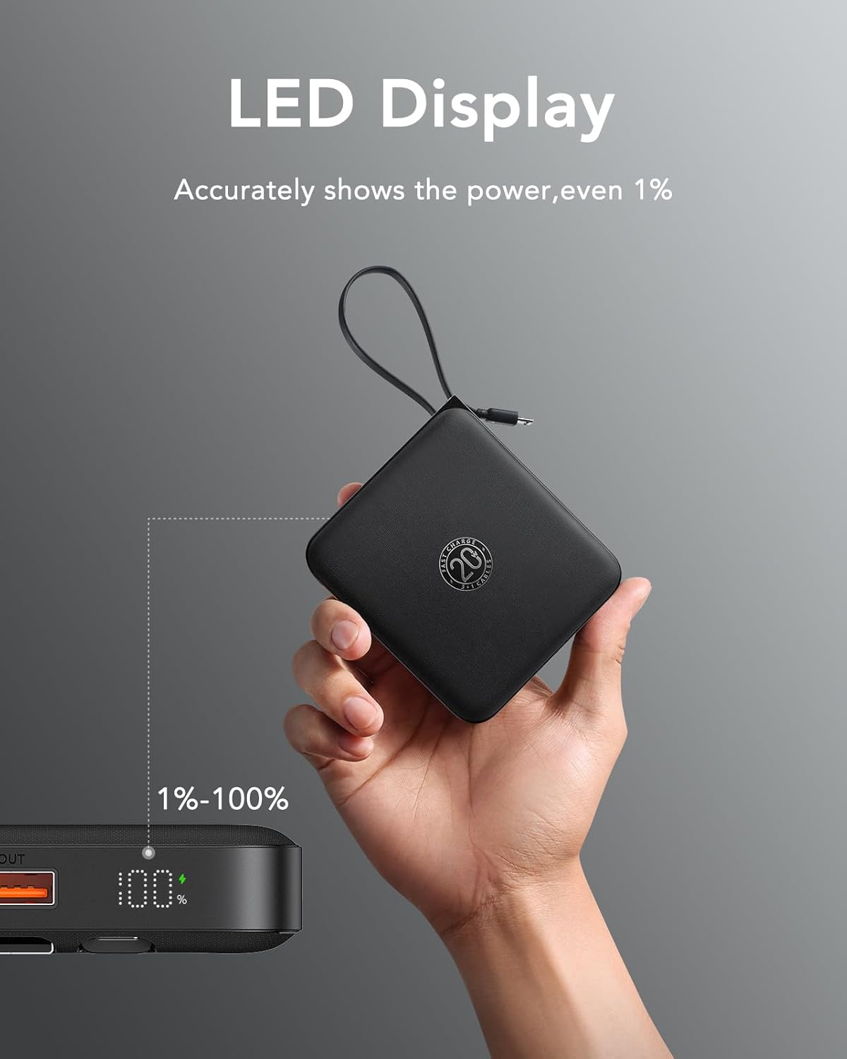 Powerbank mit integriertem Kabel, schwarz