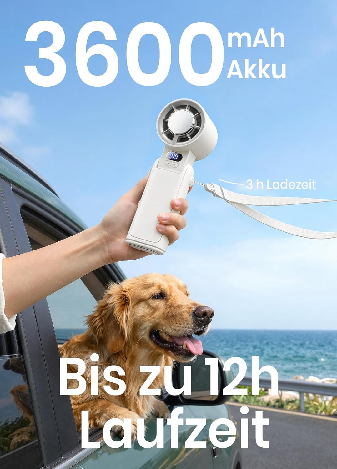 Handventilator mit LED-Display & Clip, Weiss
