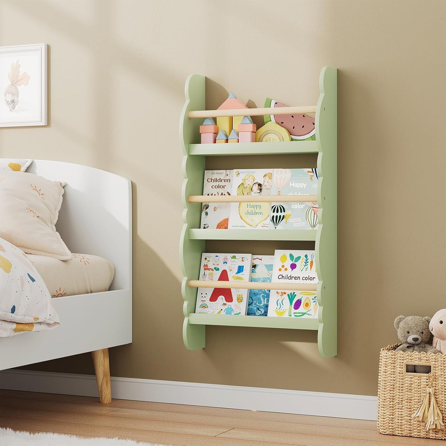 Kinder Wandbücherregal mit 3 Ablagen, Grün 42.5x80cm