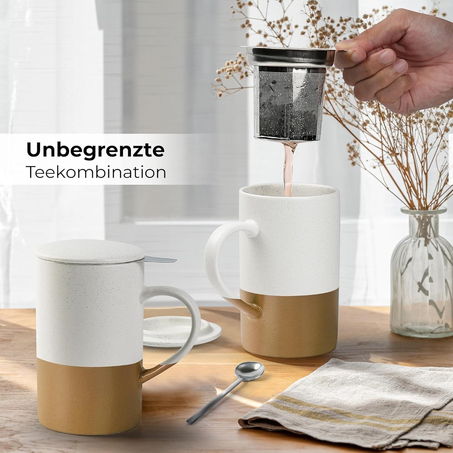 2er-Set Tee-Tassen mit Sieb und Löffel, Braun