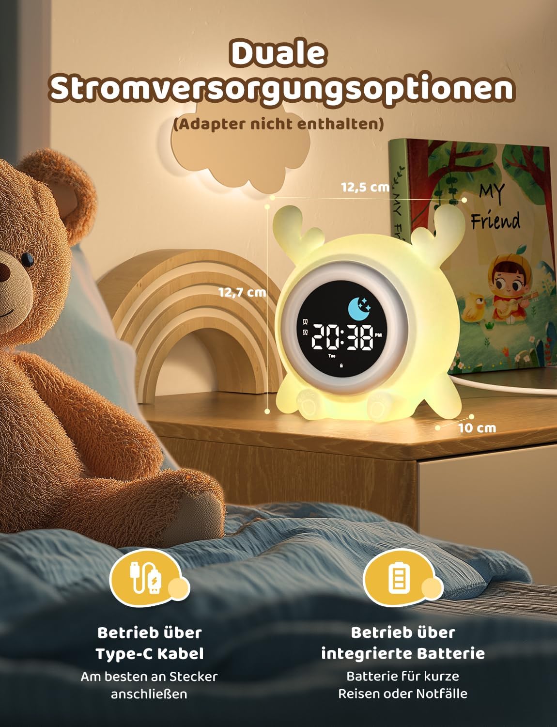 Kinderwecker mit Alarmlernfunktion und Nachtlicht, Rentiere