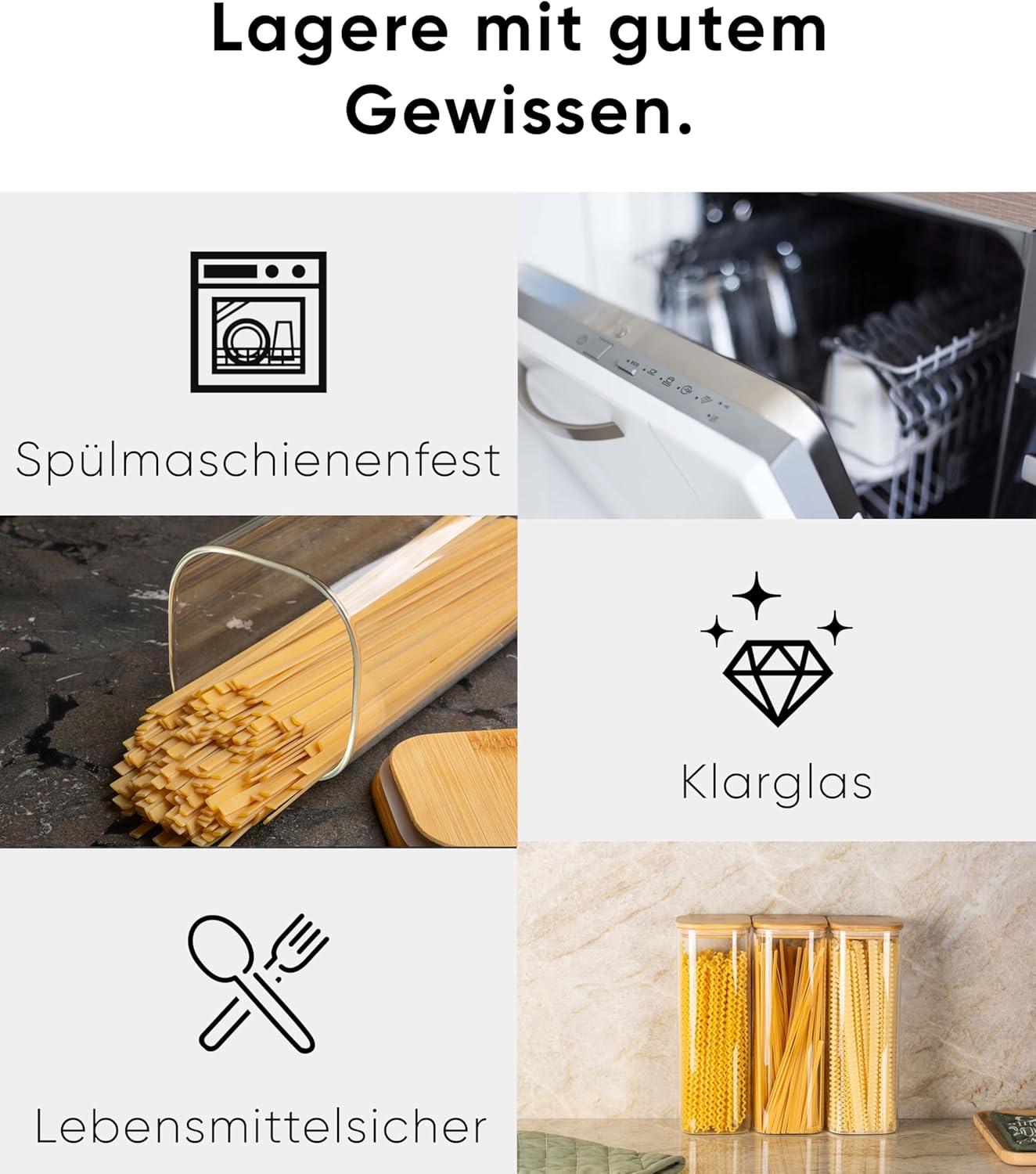 Vorratsgläser-Set mit Deckel, 3 Stk., 1 Grösse/2300ml, eckig