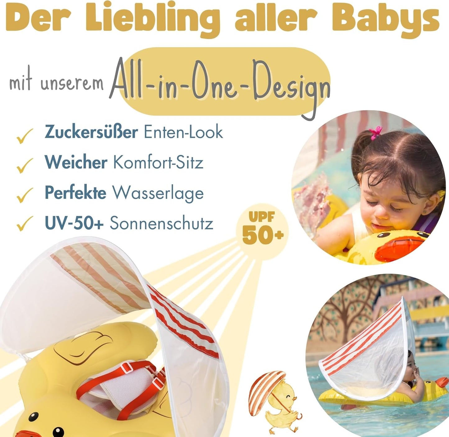 Baby-Schwimmtrainer mit abnehmbarem Sonnendach, Gelb M