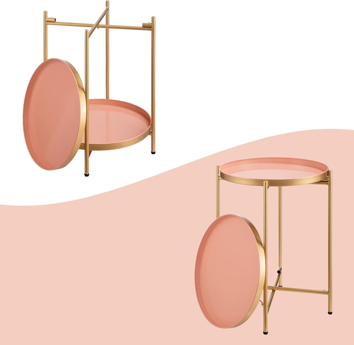 Runder Metall-Beistelltisch mit 2 Ebenen, Goldener Rosa