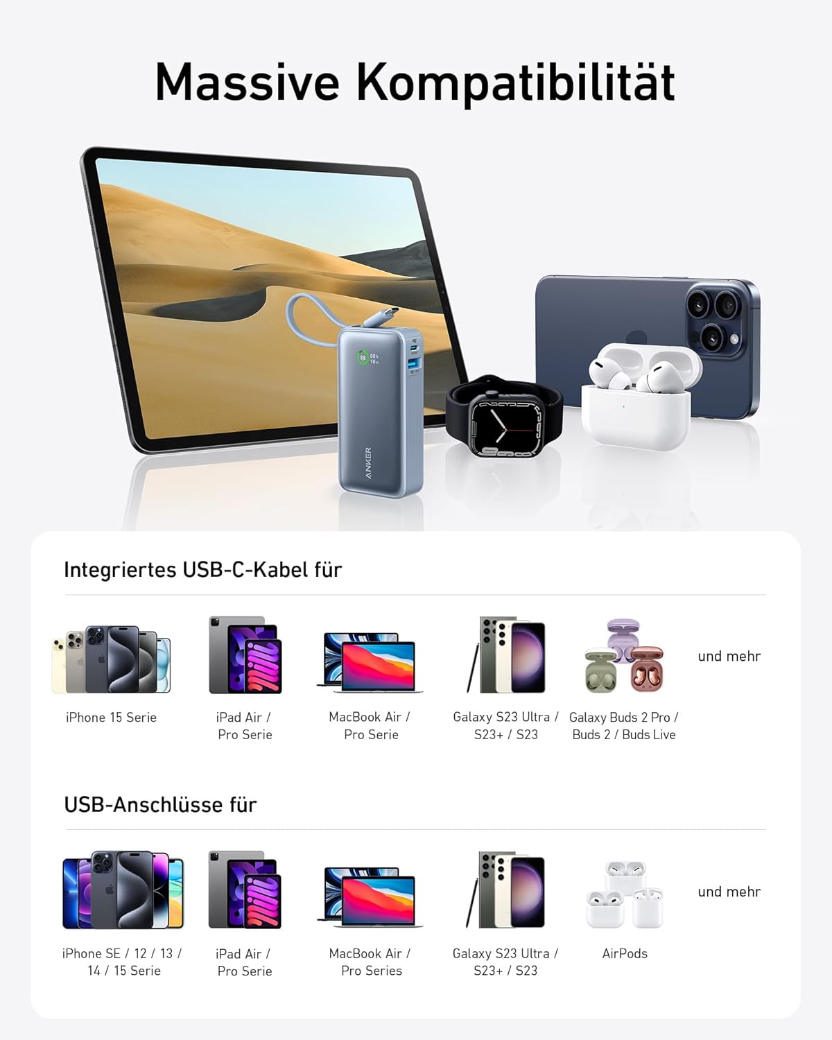 Nano Powerbank mit integriertem USB-C Kabel, Blau