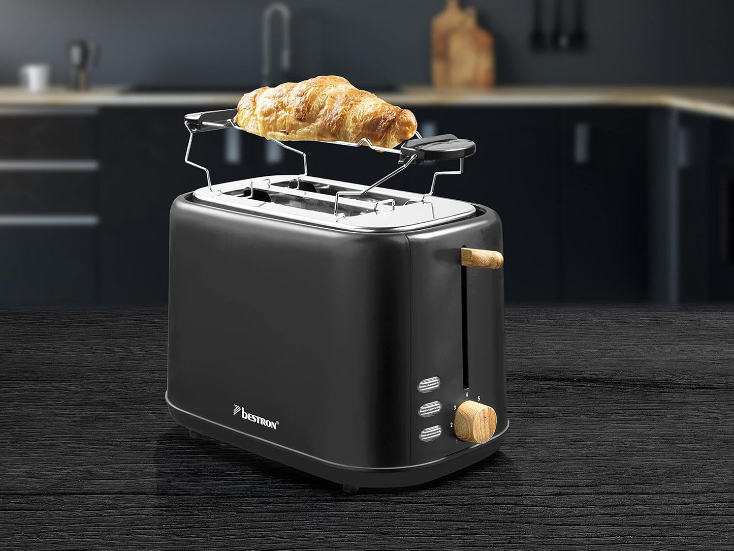 Toaster für 2 Scheiben mit Brötchenaufsatz, Schwarz/Holz