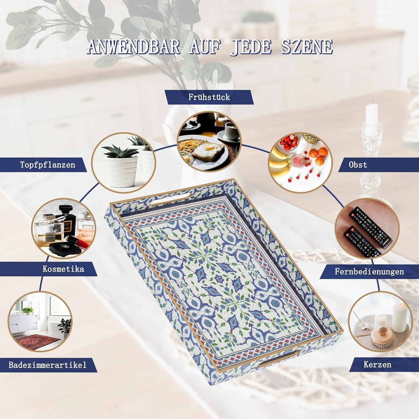 Rechteckiges Serviertablett 40x30 cm, Hellblau 40 x 30 x 4 cm Boho