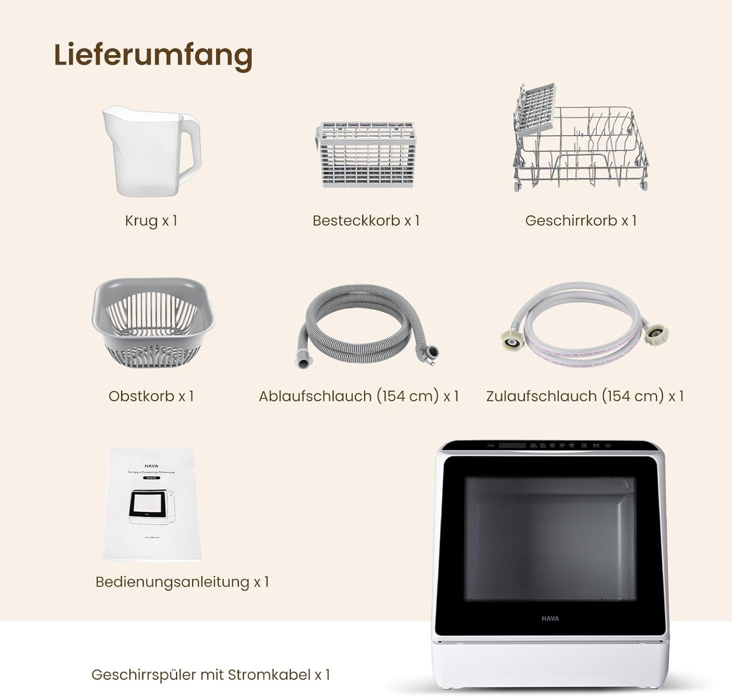 Mini Tischgeschirrspüler mit 6 Programmen und Wassertank, White
