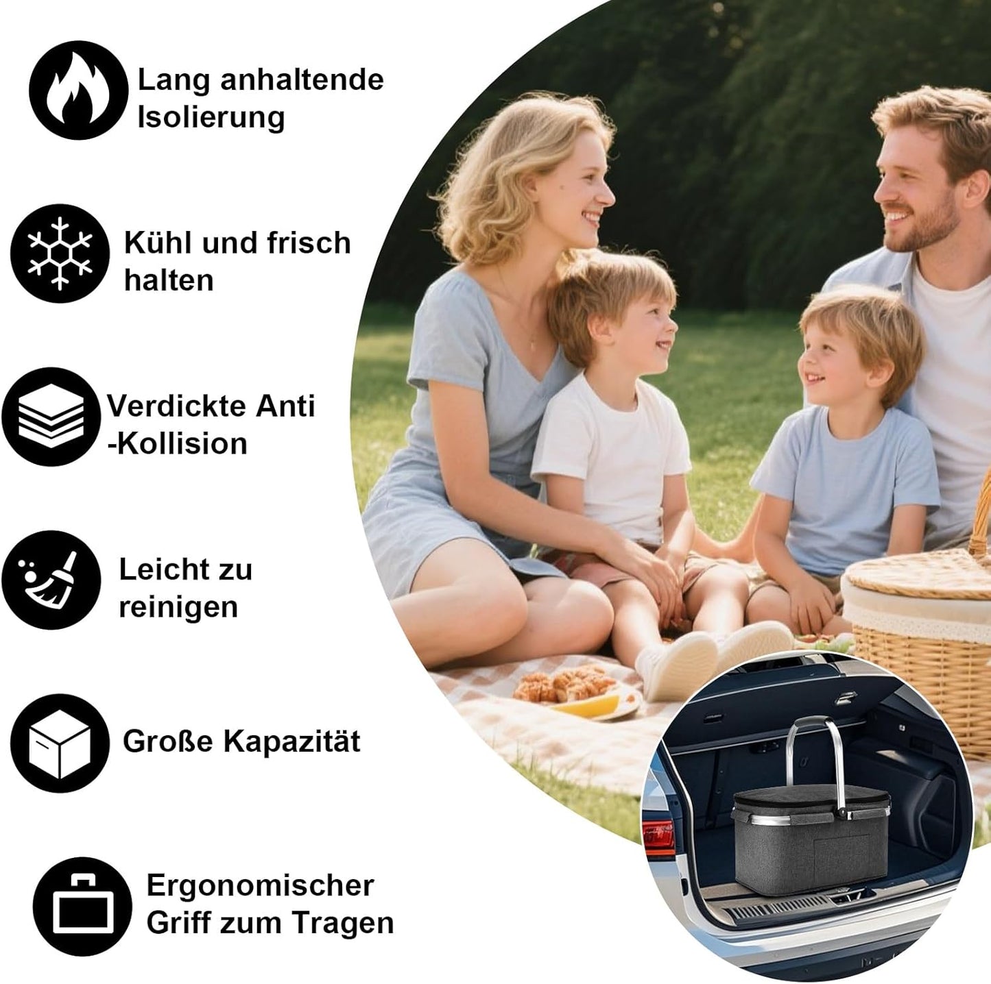 Faltbare isolierte Kühltasche mit Kühlakkus, 32l Hellgrau