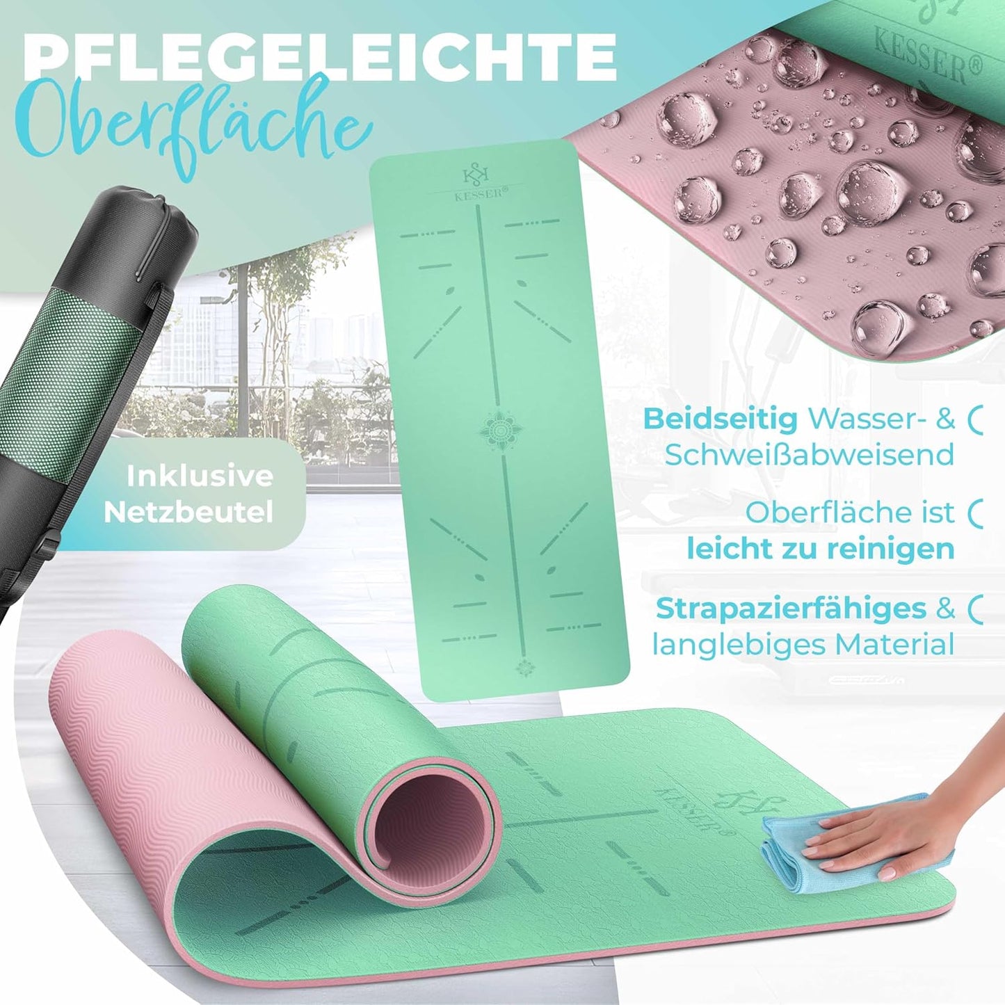 Gymnastik- und Fitnessmatte mit Tragegurt, Mint / Rose